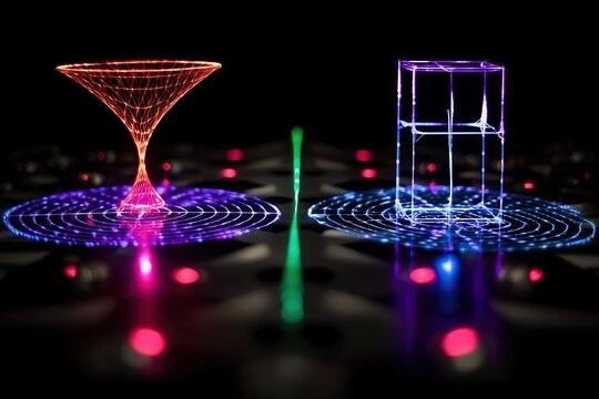 A digital representation of geometric shapes, including a hyperbolic paraboloid and a cube, illuminated by colorful light patterns on a dark background.