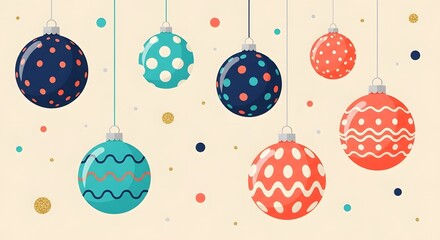 Festive christmas ornaments vector illustration with hanging baubles and dots