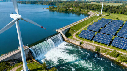 A view of a renewable energy site features large wind turbines, rows of solar panels, and a dam with flowing water. This location highlights the blend of sustainable energy technologies in action