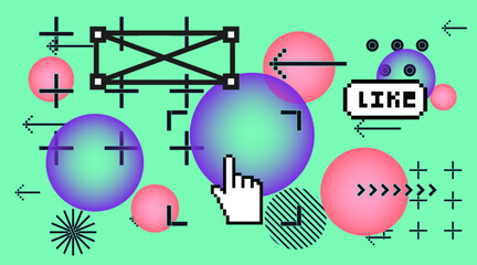 Vector illustration uses a retro digital style with pixel icons, geometric patterns, and gradients in pink, black, and cyan. The playful theme features social media icons and abstract shapes.