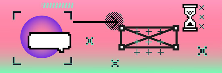 Vector illustration features a retro 8-bit digital style with pixel shapes, gradients, and abstract geometric forms in pink and purple. Composition of tech icons: speech bubbles and a hourglass.