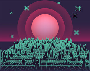 Vector illustration features a retro-futuristic, 80s-inspired grid landscape with neon turquoise lines, pink gradient sun, and sharp geometric pyramids. Sci-fi vaporwave abstract wallpaper.