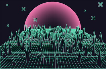 Vector illustration features a retro-futuristic, 80s-inspired grid landscape with neon turquoise lines, pink gradient sun, and sharp geometric pyramids. Sci-fi vaporwave abstract wallpaper.