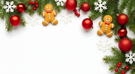 Festive christmas border with gingerbread, fir branches, red baubles, snowflakes