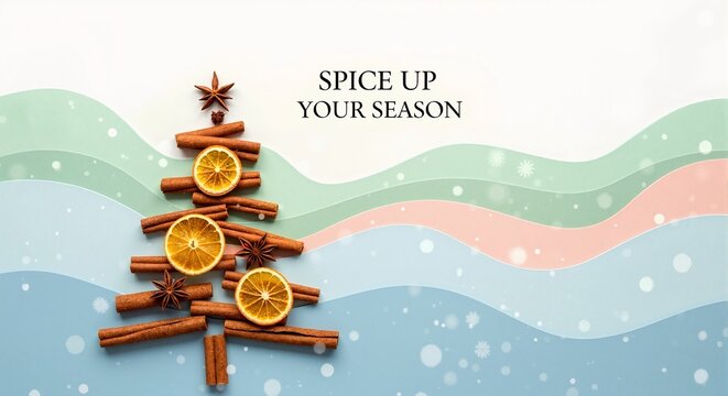 Christmas tree made from spices on a pastel background. Creative holiday flat lay with cinnamon, orange, and star anise. Festive winter decoration and seasonal greeting with copy space