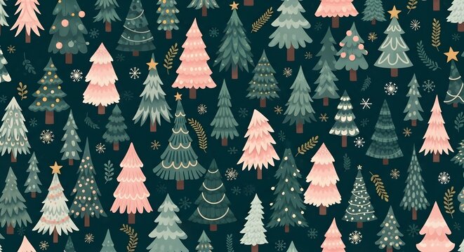 Winter holiday festive christmas trees pattern design with snowflakes and decor - Powered by Adobe