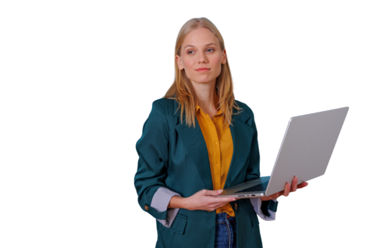 Professional businesswoman holding laptop, engaging with digital technology, working remotely, standing with transparent background - Powered by Adobe