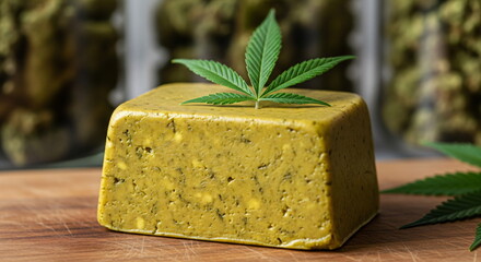 Green block of cannabis butter with a hemp leaf on top. Healthy organic ingredient at home, natural product. Cooking with CBD concept