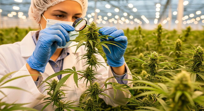 Woman scientist inspecting plant with mask and glove in greenhouse. Researcher examining green cannabis cultivation. Medical cannabis research