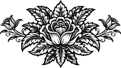 Fototapeta premium Very beautiful intricate black and white engraved floral background for retro design projects, featuring ornate vintage botanical patterns, detailed leaves and blossoms, and elegant linework that evok