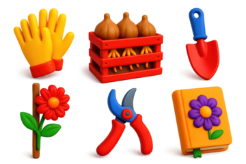 Set of garden tools and a book with a flower on it