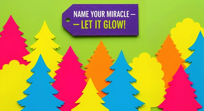 Vibrant paper craft forest with inspirational message for Christmas. Modern minimalist holiday greeting card design