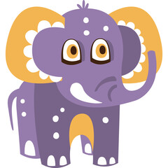 A cheerful cartoon elephant with big ears and playful eyes in purple and yellow tones standing on a transparent background, its trunk raised in greeting, featuring dotted patterns and decorative ear