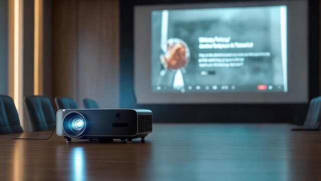 A projector sits on a conference table, projecting onto a screen. Modern meeting space - Powered by Adobe