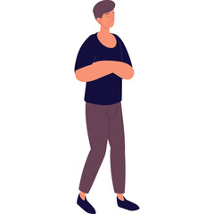 A Brown Haired Man Wearing A Dark Blue T Shirt And Brown Pants Stands With His Arms Crossed In A Confident Pose On A White Background