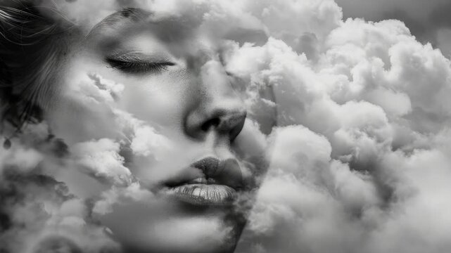 A serene of a person's face with clouds merging into the features, creating an ethereal dream-like effect. Ideal for themes such as spirituality, meditation, or fantasy.