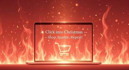 Click into Christmas online shopping sale. Laptop with shopping cart icon on fiery background. Hot deals and ecommerce promotion