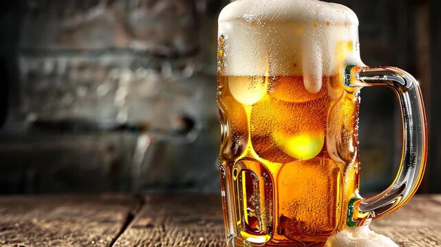 Frothy Brew: An inviting, close-up shot of a refreshing pint of beer, overflowing with a creamy, white head against a rustic wooden backdrop. The golden liquid invites a moment of pure relaxation.