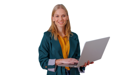 Woman holding and typing on a laptop, smiling at the camera, showing confidence and professionalism in a modern work environment