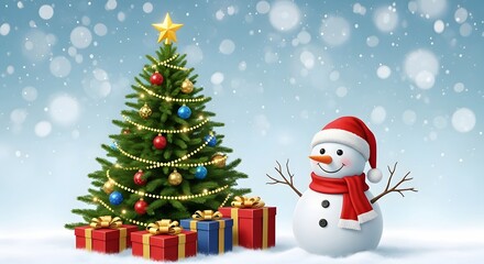 Festive christmas tree with snowman and gifts in a snowy winter wonderland scene