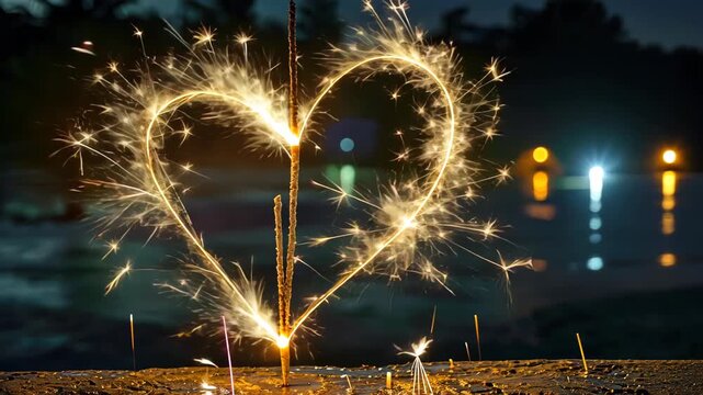 Sparkling Heart of Love: A radiant sparkler etches a luminous heart against the night, capturing a moment of pure emotion and joy.