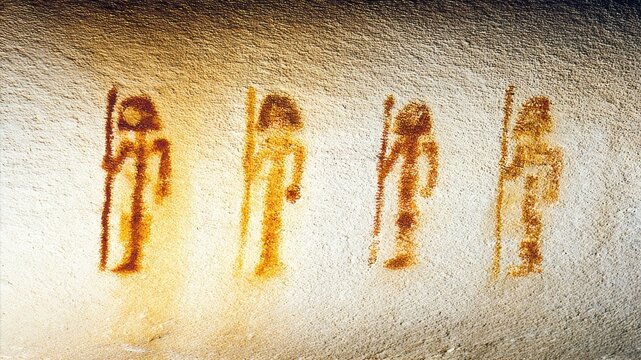 Old Drawings of Primitive Human Figures Holding Spears Discovered in a Cave