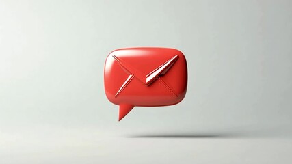 Red 3d email notification icon shaped like a speech bubble floating and rotating over a white background, representing digital communication, social media messaging, and online customer support - Powered by Adobe