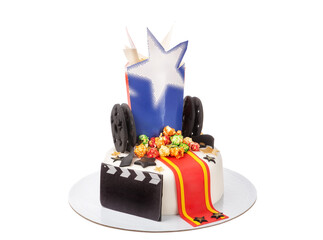 A colorful cake celebrates a movie-themed birthday with film reels, popcorn, and a star design, perfect for a cinema enthusiast's party