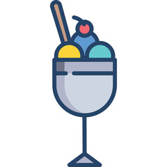 A clear illustration of a multi-scoop ice cream sundae in a clear stemmed glass cup with a wooden spoon and cherry topping on a transparent background