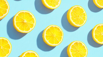 ブルー背景に並ぶレモン輪切りのパターン（AI生成画像）
