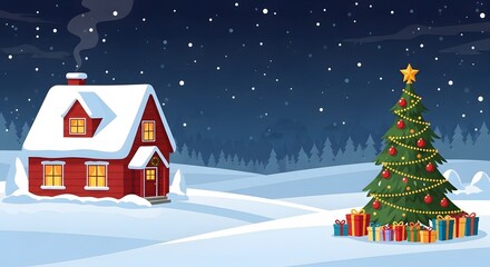 Cozy winter night scene with snow-covered house, christmas tree, and presents