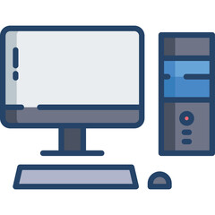 A computer monitor keyboard and mouse on a white background with a transparent background overlay and a blue gray and black color scheme featuring a simple flat design illustration