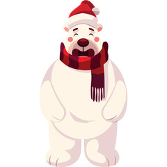 A Cheerful Polar Bear Wearing a Red Santa Hat and a Festive Red and Burgundy Striped Scarf with White Tassels Standing Against a Transparent Background