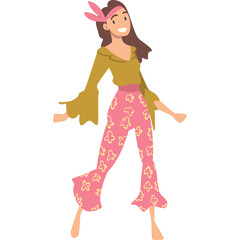 A Cheerful Woman in 1970s Attire with Bell Bottoms and a Headband Dancing Joyfully