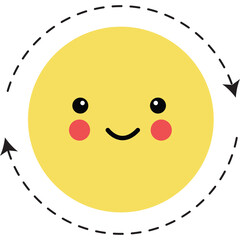 A Cheerful Yellow Circle Character with Pink Cheeks and Black Eyes Smiling Happily on a Transparent Background Surrounded by a Dashed Circular Arrow Motion Path
