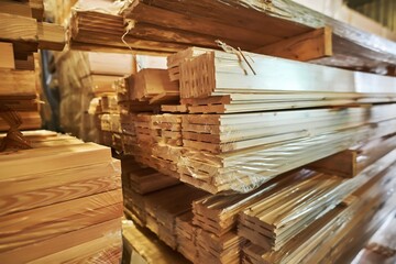 Stacked wooden planks in a warehouse, showcasing various textures and finishes, highlighting the craftsmanship and quality of timber materials