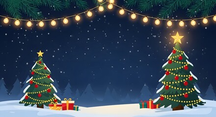 Festive christmas scene with decorated trees, snow, gifts, and glowing lights