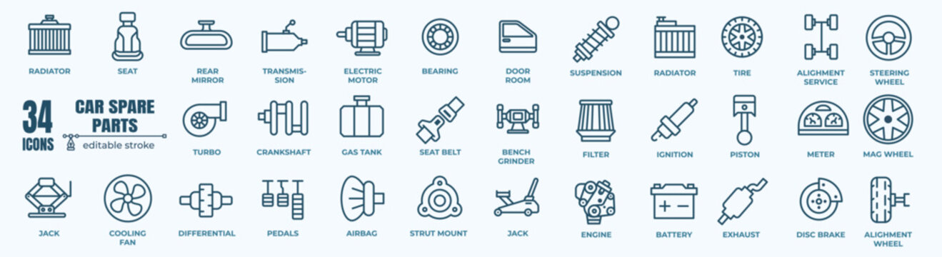 Car service icon set with editable stroke and white background. Auto service, car repair icon set. Car service and garage.