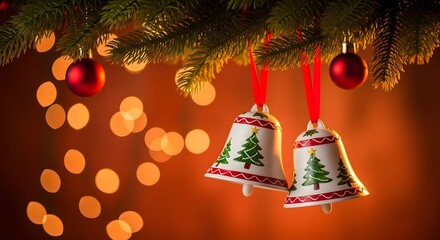 Christmas tree branch with festive bells and red baubles against warm bokeh lights