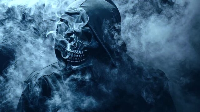 Spooky grim reaper figure wearing a skull mask and a black hood emerging from the dark while smoking. Mystical and terrifying concept of death, horror, fear, and evil for halloween