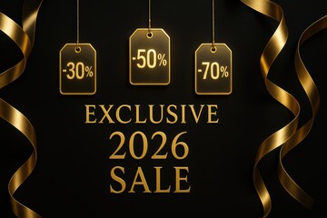 Exclusive 2026 Sale text with gold ribbons and hanging price tags showing discounts on a black background, luxury promotion, premium offer, exclusive event concept