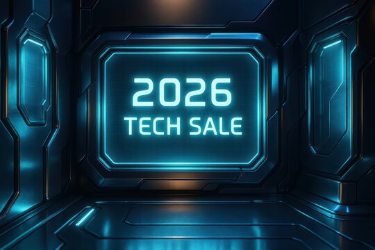"2026 TECH SALE" on a glowing blue futuristic screen in a dark sci-fi room, technology discount, digital promotion, innovative shopping event concept