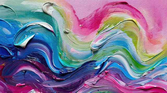 Vivid swirls of color fill the canvas, showcasing shades of blue, pink, and green. The dynamic brushstrokes create a lively representation of waves, bringing energy and movement to the artwork - Powered by Adobe