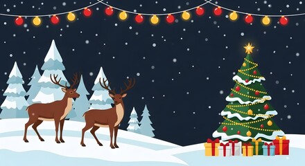 Fototapeta premium Christmas night scene with two deer, decorated fir tree, presents, and falling snow.