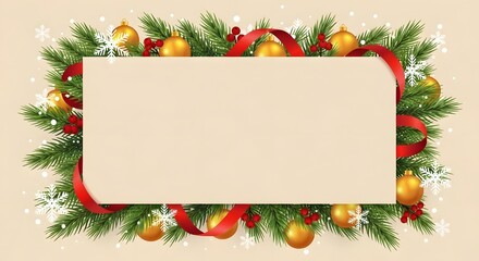 Christmas frame with pine branches, golden baubles, red ribbon, snow & berries