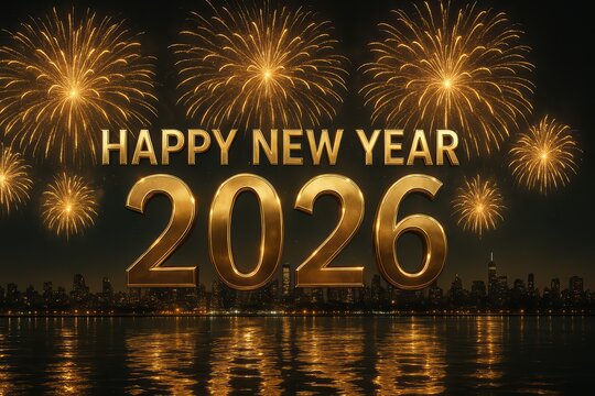 Happy New Year 2026 gold text over a glowing city skyline with golden fireworks reflecting on the water, festive urban celebration, holiday greeting, midnight event concept