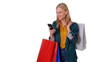 Happy young woman shopping, holding colorful bags and using smartphone for online checkout or messaging