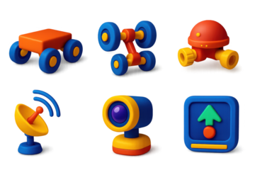 Set of six toy car models, including a car, a truck, a train, a boat, a robot