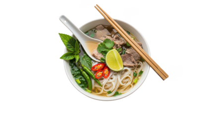 Vietnamese Beef Pho Noodle Soup With Fresh Herbs And Lime