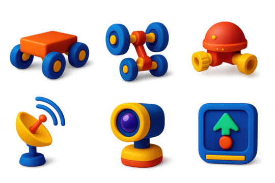 Set of six toy car models, including a car, a truck, a train, a boat, a robot